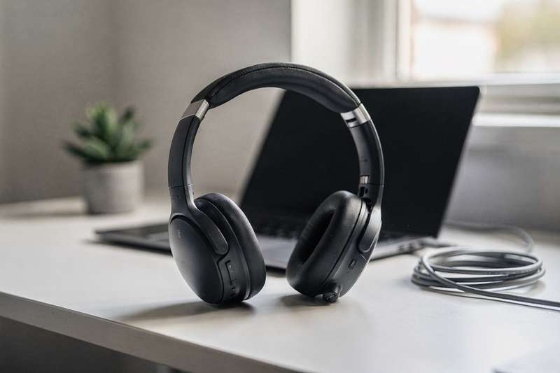 Pendler trägt Noise-Cancelling-Kopfhörer in der U-Bahn und genießt konzentriert die Musikwiedergabe ohne Umgebungslärm.
