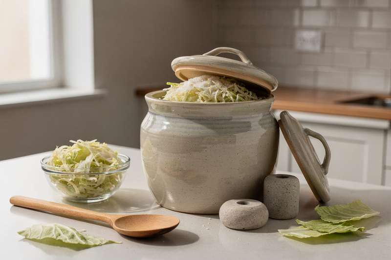 Hände füllen frisches Sauerkraut in ein Glasgefäß mit Fermentationsgewichten zum Gärprozess.