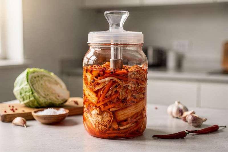 Frau füllt zerkleinerten Kohl in ein großes Glasgefäß mit Gäraufsatz für die Kimchi-Herstellung.