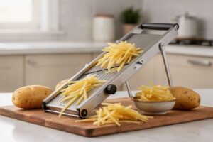 Frische Kartoffeln werden mit einer Julienne-Mandoline in gleichmäßige dünne Streichhölzer geschnitten.