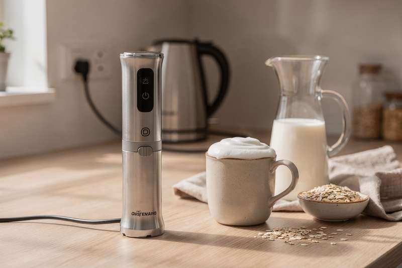 Frau gießt cremigen Hafermilchschaum aus einem elektrischen Aufschäumer in ihre Kaffeetasse.