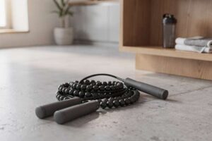 Sportler absolviert Double-Under-Sprünge mit Perlenspringseil auf grauem Betonboden.