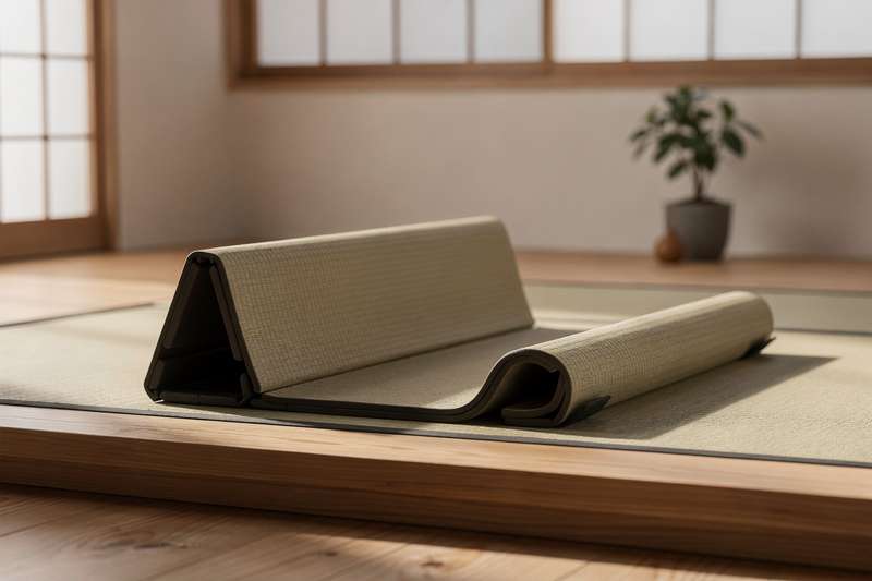 Zusammengeklappte Trainingsmatte im Tatami-Stil lehnt an einer Wohnzimmerwand neben einem Fitnessequipment.