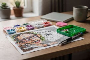 Künstler klebt funkelnde Diamantsteine gezielt auf eine vorbereitete Leinwand beim Diamond Painting.