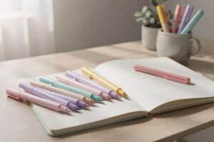 Hände halten verschiedene Pastellfarbene Pinselmarker über einem aufgeschlagenen Bullet-Journal-Notizbuch.