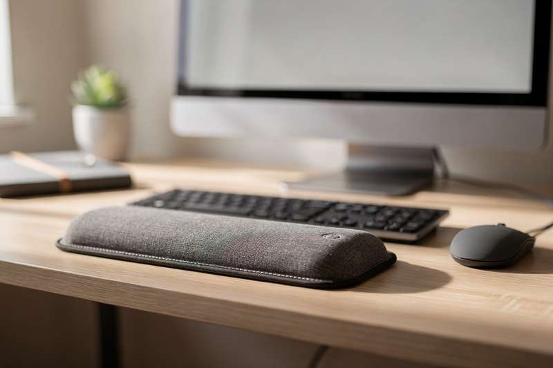 Eine Person sitzt am Schreibtisch und arbeitet mit einer Memory-Foam-Auflage unter dem Handgelenk.