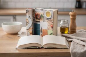 Verschiedene aufgeschlagene Kochbücher liegen nebeneinander auf einer Küchenarbeitsfläche.