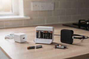 Frau lädt mehrere AA- und AAA-Batterien in ein modernes Tischladegerät zum schnellen Aufladen.