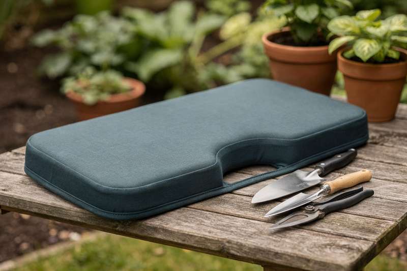 Gärtner kniet auf Memory-Foam-Kissen beim Unkrautjäten im Gemüsebeet.