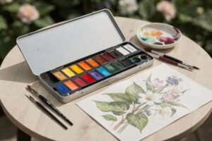 Künstlerische Hand malt mit feuchtem Pinsel zarte Blätter auf Aquarellpapier, daneben liegt ein geöffnetes Halbnapf-Set mit...