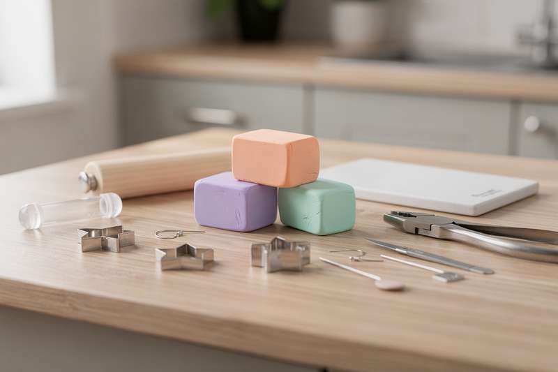 Anfänger modelliert bunte Polymertonstücke zu Ohrringen und bereitet diese zum Backen im Ofen vor.