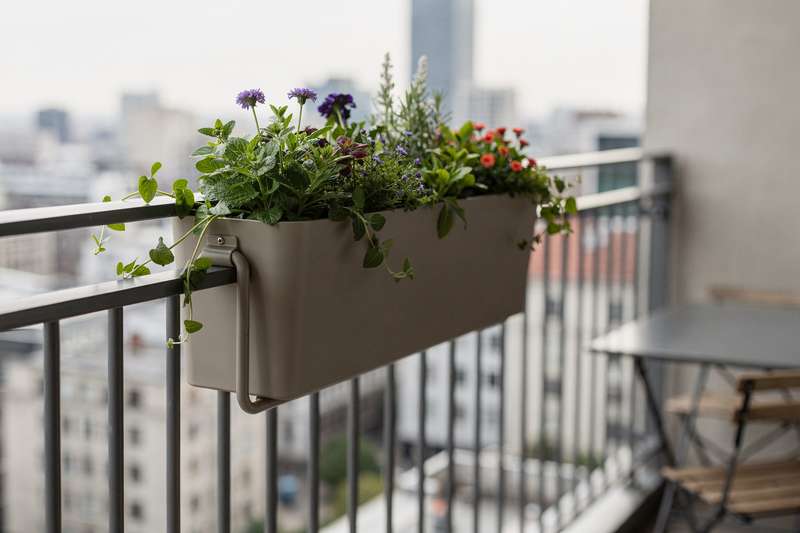 Schmale Metallhalterung an einem Balkongeländer befestigt, die einen bepflanzten Balkonkasten sicher trägt.