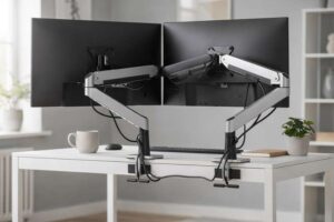 Verstellbare Monitorhalterung mit zwei Armen auf einem weißen IKEA ALEX-Schreibtisch montiert.