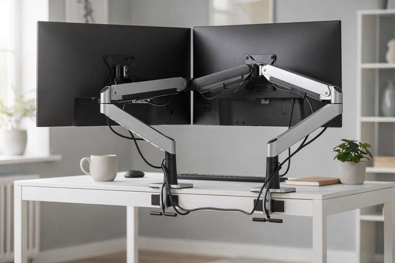 Verstellbare Monitorhalterung mit zwei Armen auf einem weißen IKEA ALEX-Schreibtisch montiert.