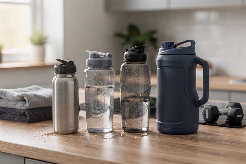 Sportler trinkt während des Trainings aus einer ergonomischen Trinkflasche.