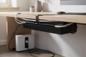 Geordnete Kabel unter einem Schreibtisch mit Kabelklips und Schächten für aufgeräumte Arbeitsplatzorganisation.
