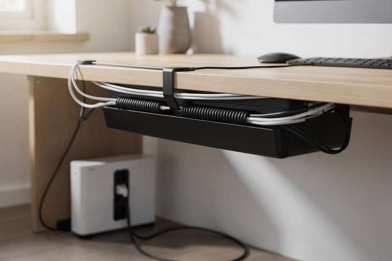 Geordnete Kabel unter einem Schreibtisch mit Kabelklips und Schächten für aufgeräumte Arbeitsplatzorganisation.