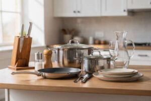 Moderne offene Küche mit Holztisch, auf dem verschiedene frische Zutaten und Kochutensilien arrangiert sind.