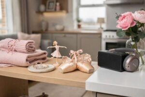 Balletttänzerin in Spitzenschuhen und rosa Trikot beim Trainieren an der Spiegelbarre im Tanzstudio.