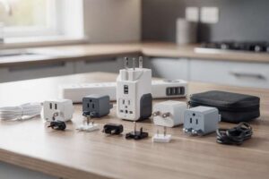 Reisender lädt sein Smartphone an einem britischen Steckdosenadapter auf einer Hoteltischplatte auf.