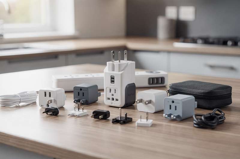 Reisender lädt sein Smartphone an einem britischen Steckdosenadapter auf einer Hoteltischplatte auf.