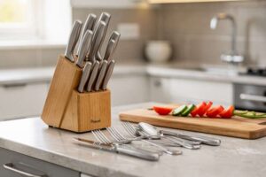 Verschiedene Küchenmesser und Bestecksets arrangiert auf einer Holzschneidefläche in einer modernen Küche.