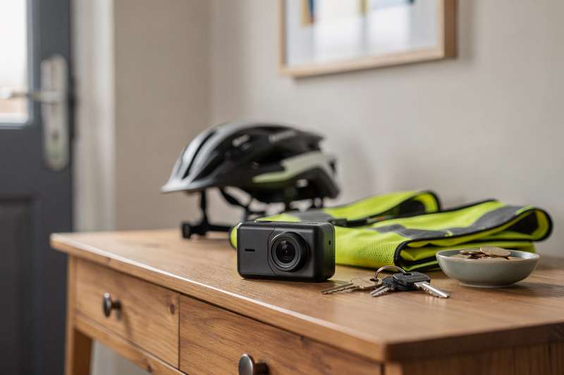 Sportler trägt eine kompakte Action-Kamera an der Stirn befestigt während einer Mountainbike-Fahrt durch Wald.