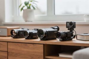 Person filmt mit einem Camcorder eine Outdoor-Szene und überprüft das Display zur Bildkontrolle.