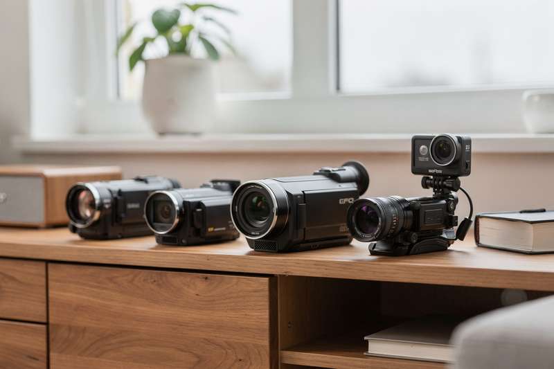 Person filmt mit einem Camcorder eine Outdoor-Szene und überprüft das Display zur Bildkontrolle.