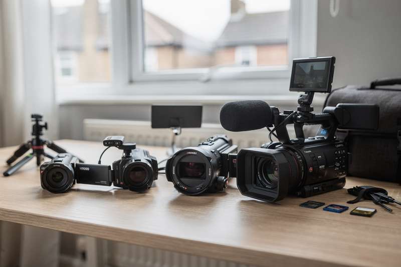 Videokamera in den Händen eines Filmemachers beim Aufnehmen einer Outdoor-Szene.