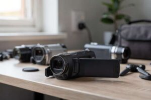 Jemand filmt mit einem kompakten Camcorder eine Familienfeier in einem Wohnzimmer.