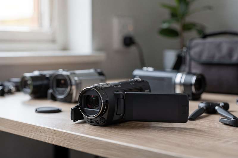 Jemand filmt mit einem kompakten Camcorder eine Familienfeier in einem Wohnzimmer.