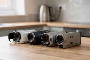 Hände halten einen kompakten Camcorder und filmen eine sonnige Landschaftsszenerie im Freien.