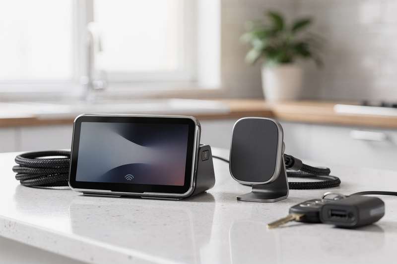 Smartphone wird in einer magnetischen Handyhalterung am Armaturenbrett eines Autos befestigt, um während der Fahrt Zugriff auf...