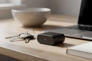 Eine Person hält einen kompakten GPS-Tracker in der Hand und überprüft die Echtzeit-Standortverfolgung auf dem Smartphone-Display.