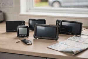 Fahrer bedient während der Fahrt ein modernes Navigationssystem mit Touchscreen im Armaturenbrett eines Fahrzeugs.
