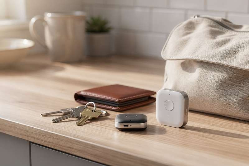 Mann befestigt einen kleinen Bluetooth-Tracker an seinem Schlüsselbund, um verlorene Gegenstände schnell wiederzufinden.