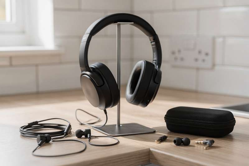 # Alt-Text für Lifestyle-Bild: Budget-Kopfhörer/In-Ears Junger Mann trägt kabellose In-Ear-Kopfhörer während er entspannt...