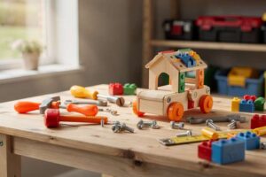 Kleines Kind arbeitet konzentriert mit buntem Spielzeugwerkzeug an einem Holzbrett.