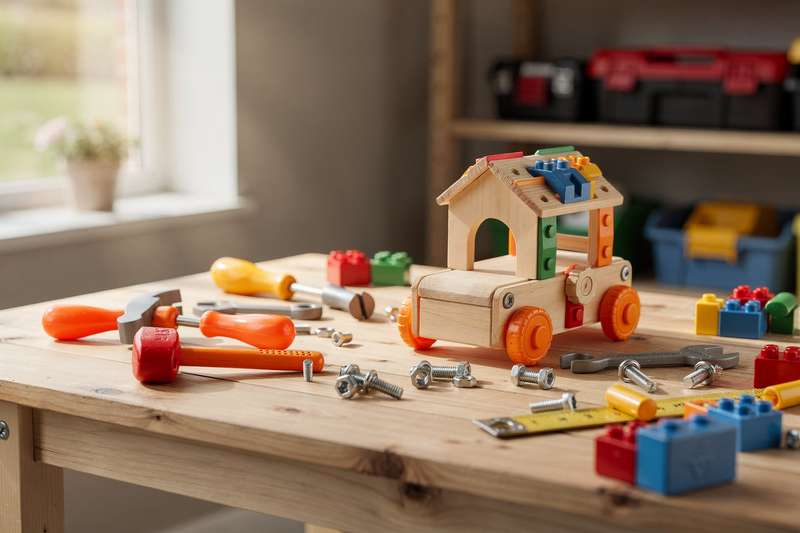 Kleines Kind arbeitet konzentriert mit buntem Spielzeugwerkzeug an einem Holzbrett.