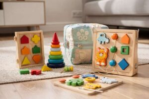 Kleinkind sitzt auf einer Spielmatte und greift nach bunten Aktivitätsspielzeugen mit verschiedenen Texturen und Geräuschen.
