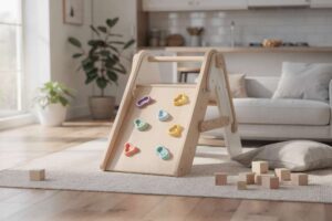 Kleines Kind klettert konzentriert an einem farbigen Indoor-Klettergerüst mit verschiedenen Griffmöglichkeiten.