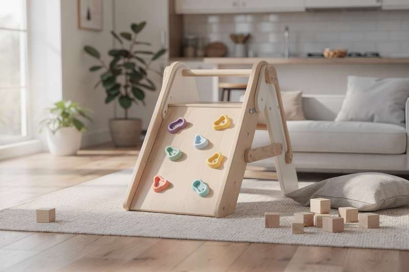Kleines Kind klettert konzentriert an einem farbigen Indoor-Klettergerüst mit verschiedenen Griffmöglichkeiten.