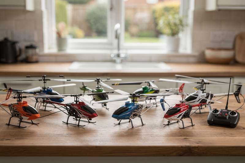 Vater und Kind steuern gemeinsam einen RC-Helikopter in einem Park und beobachten konzentriert dessen Flugbahn.