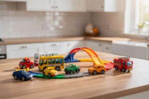 Kind spielt konzentriert mit bunten Fahrzeugmodellen und Straßenbahn-Schienen auf einer Spielmatte.