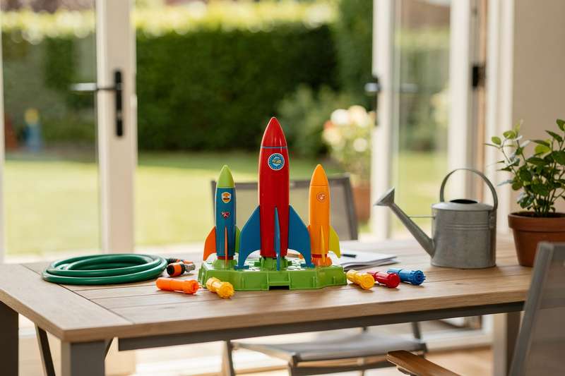 Kind startet eine bunte Spielzeugrakete draußen im Park auf grüner Wiese.
