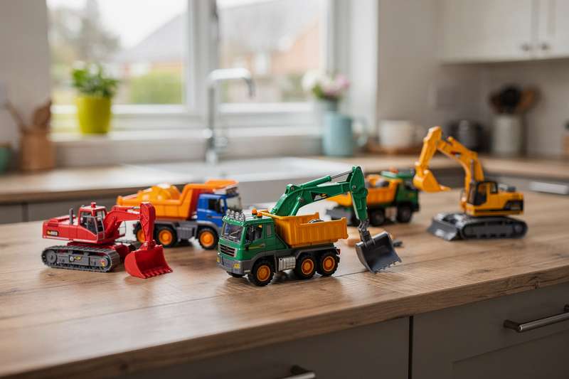 Kind spielt konzentriert mit gelben Baufahrzeug-Spielzeugen im Sandkasten.