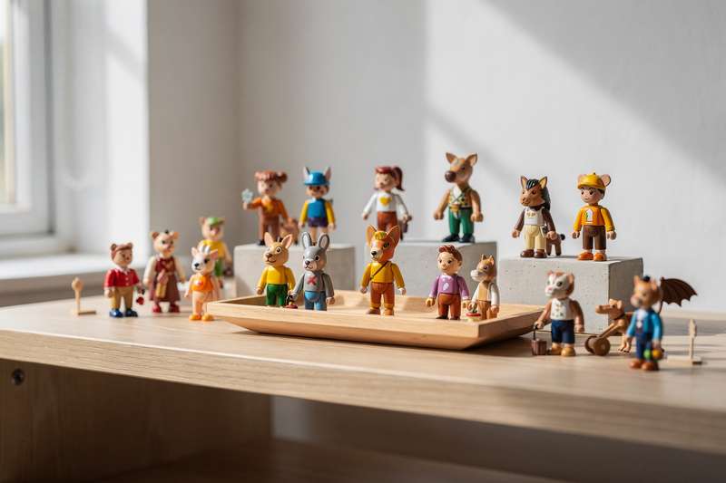 Kleines Kind sitzt konzentriert am Tisch und spielt mit bunten Actionfiguren unterschiedlicher Größen.