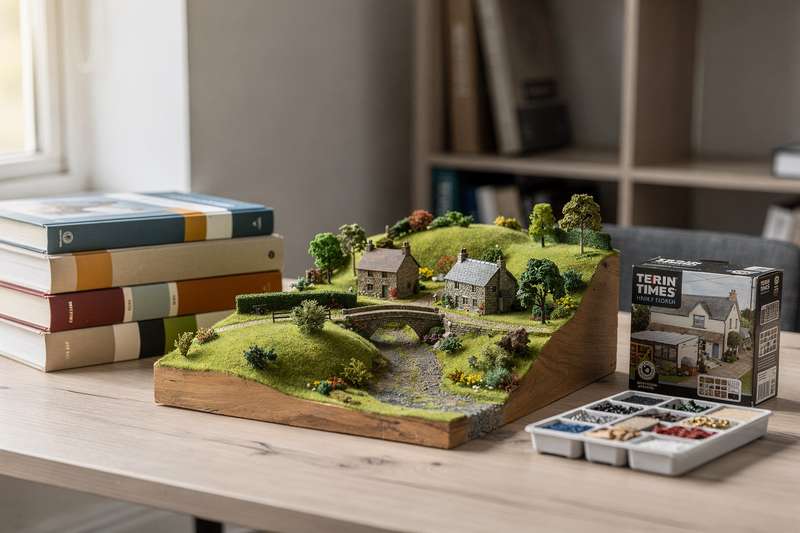 Detaillierte Miniaturlandschaft mit handbemalten Gebäuden, grünen Bäumen und realistischen Straßendetails auf einer...