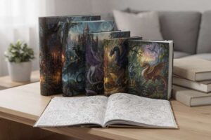 Künstlerhand skizziert mit Bleistift ein detailliertes Fantasiewesen auf Papier neben offenen Kunstratgebern.